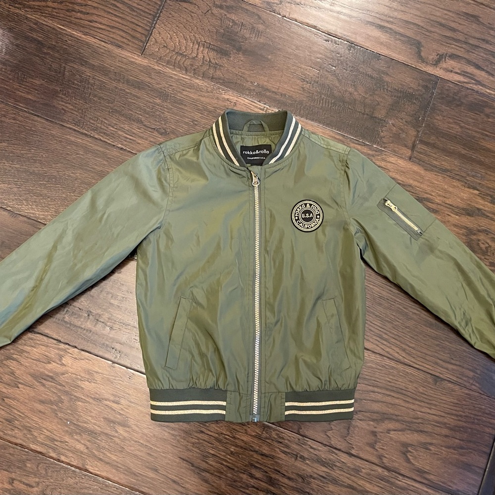 Rokka & Rolla girls Green and Gold Varsity Jacket size S 6-7